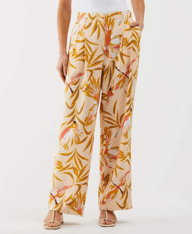 Workout Pants-Petite Paradise Print Linen Blend Pleated Wide Leg Pant