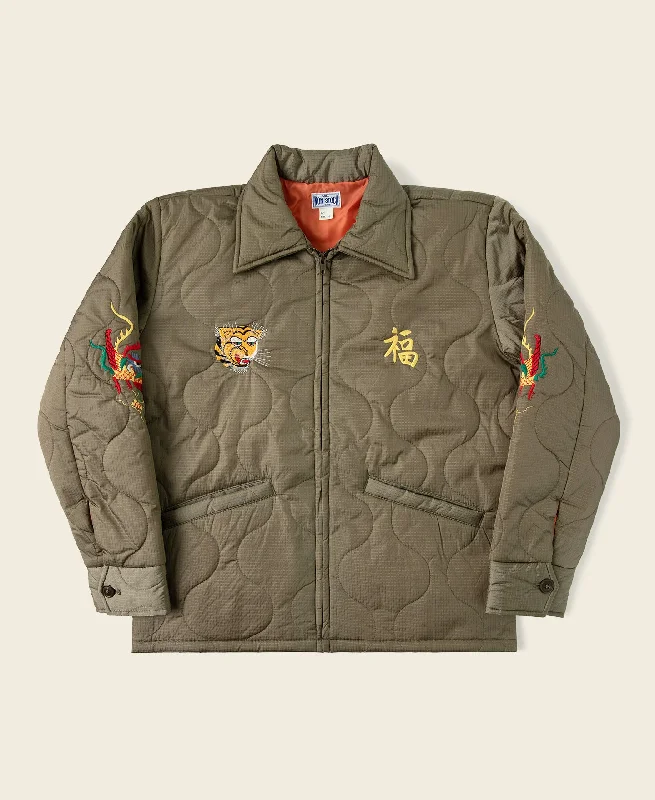 Grunge Jacket-Vietnam War Quilted Padded Souvenir Jacket - Olive