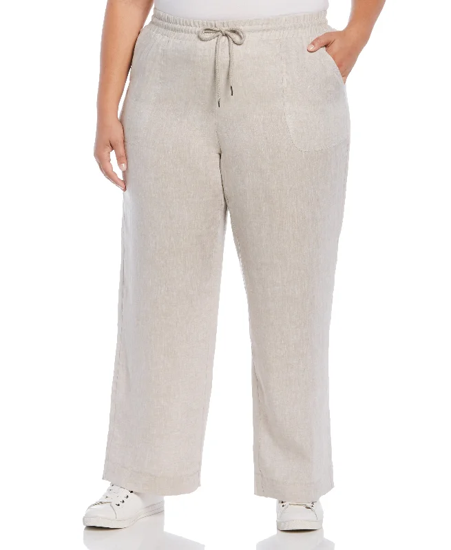 Printed Pants-Plus Size Wide Leg Drawstring Linen Pant