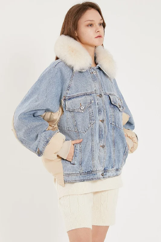 Outdoor Jacket-Karlie Puffer Denim Combo Jacket