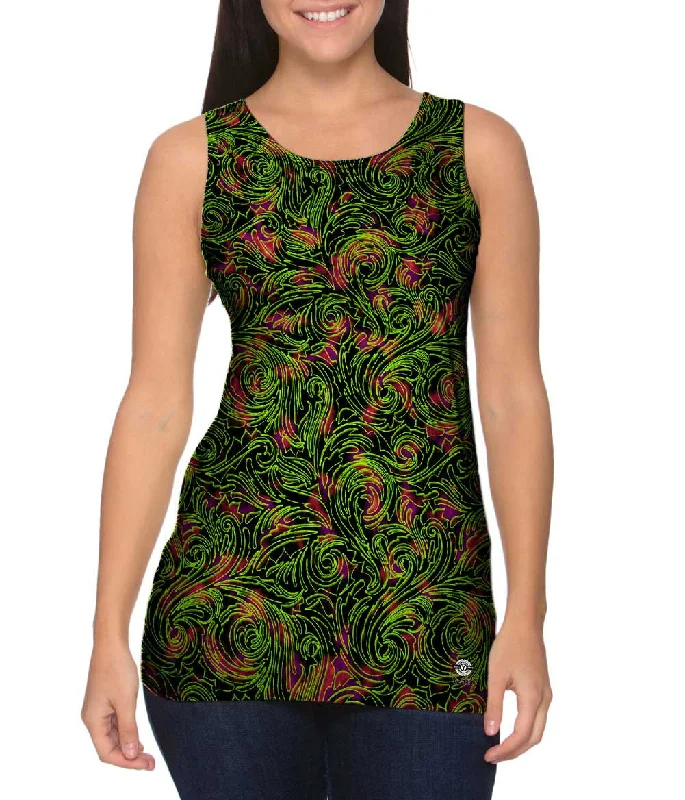 Quick Dry Tank-Autumn Me Green Leaf Swirls Pattern