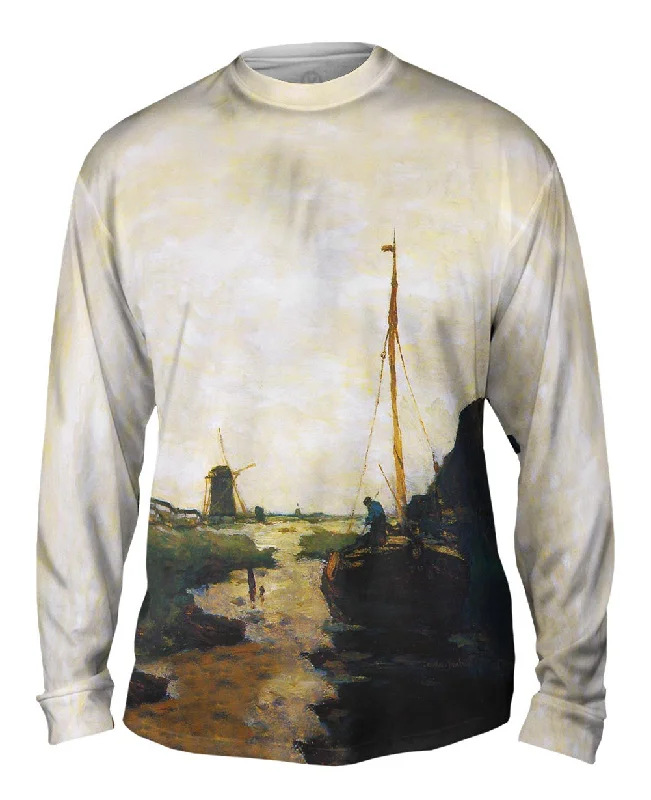 Fitted Long Sleeve-Jan Hendrik Weissenbruch - "Ship In Polder Canal"