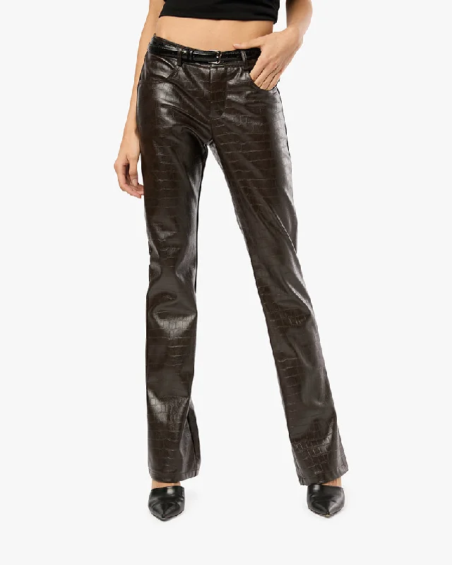 Breathable Pants-Vegan Leather Croc Mid Rise Flare Pant