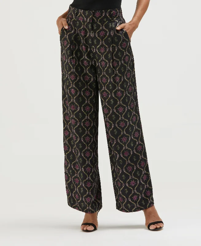 Trousers-Trellis Print High Rise Wide Leg Pant