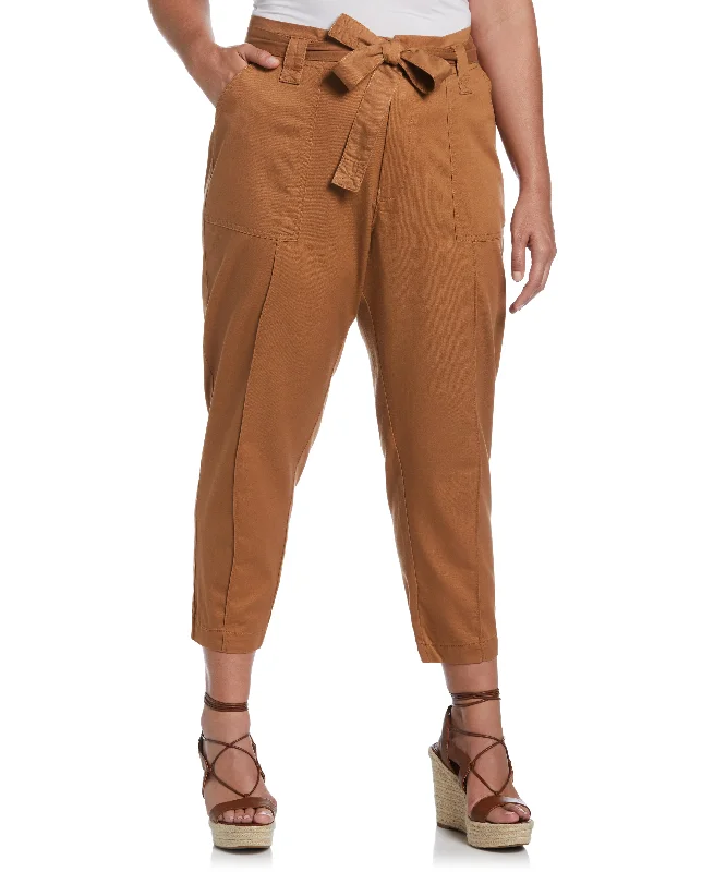 Hiking Cargo Pants-Plus Size Twill Crop Pant with Removable Tie Belt