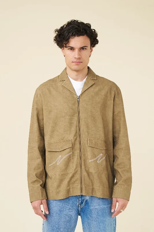 Utility Jacket-ACID WASH WORKWEAR ZIP UP - BROWN