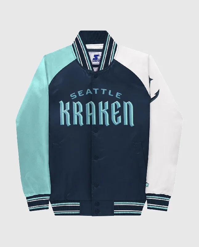 Faux Leather Jacket-Youth Seattle Kraken Varsity Satin Full-Snap Jacket