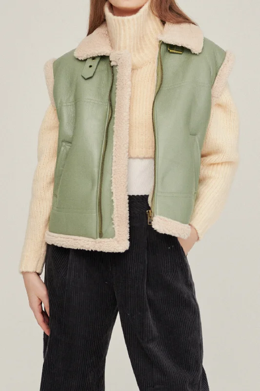 Button-Up Jacket-Daniela Pleather Shearling Vest