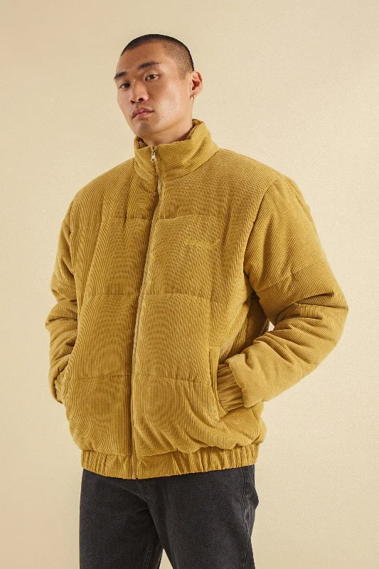 Puffer Jacket-MUSTARD CORD PUFFER COAT