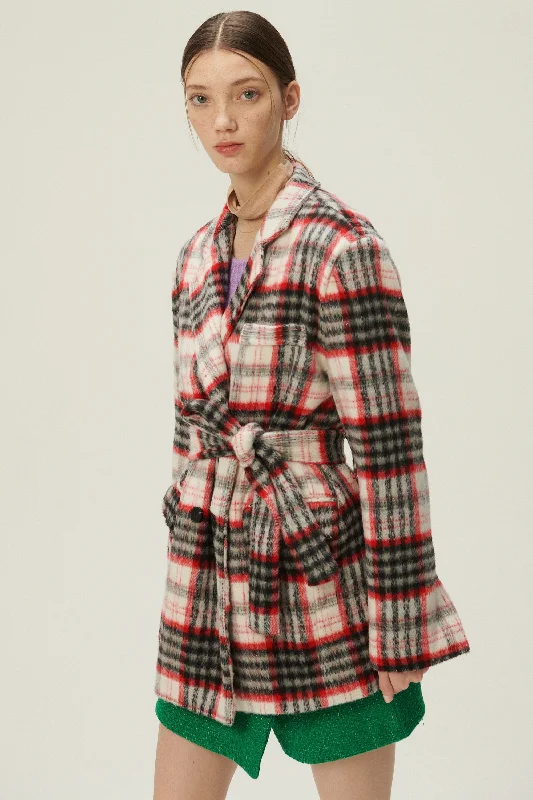 Graphic Print Jacket-Caroline Plaid Coat w/Belt