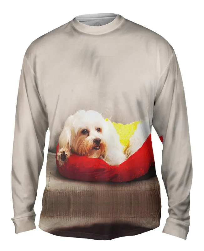 V-Neck Long Sleeve-Maltese On Doggy Bed