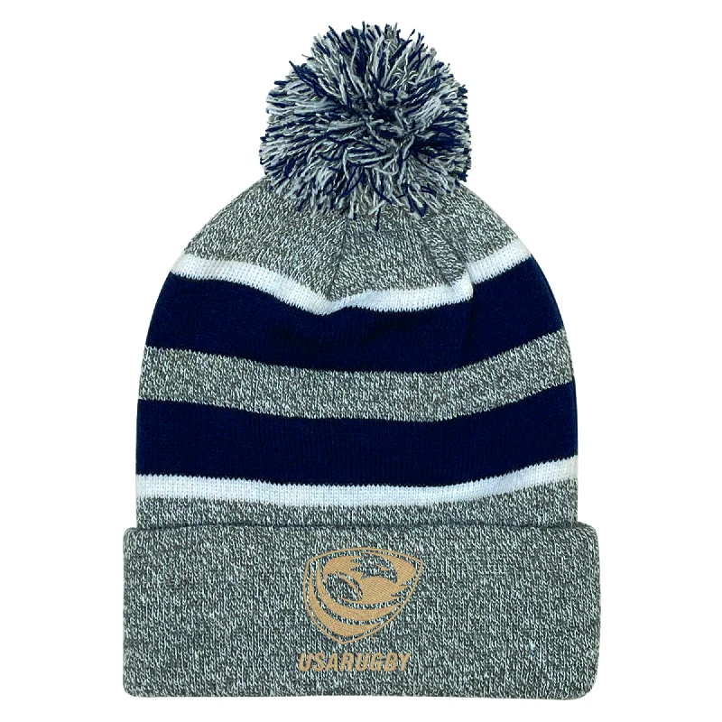 Autumn Hat-USA Rugby Bronze Hooped Knit Fold Over Pom-Pom Beanie