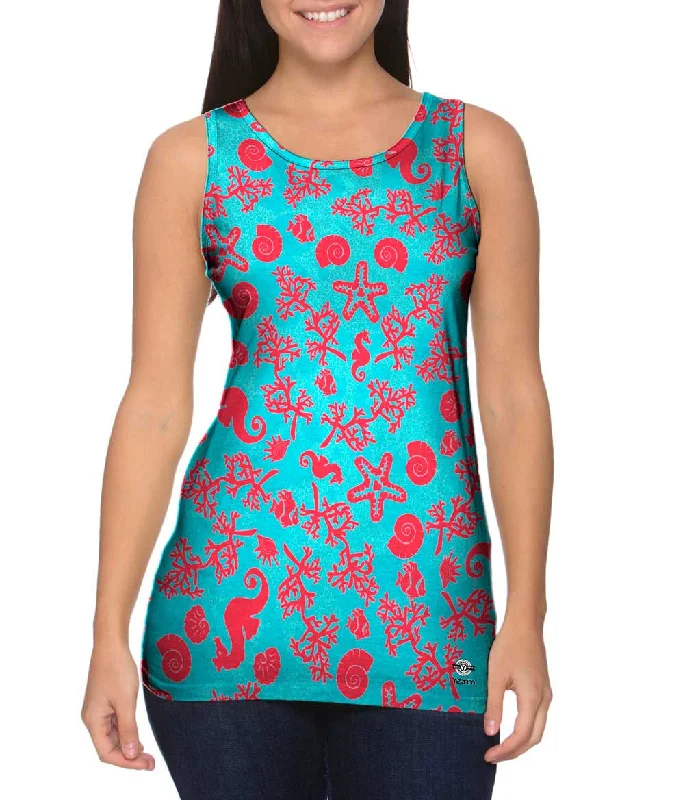 Muscle Shirt-Beach Day Seahorse Coral Pattern