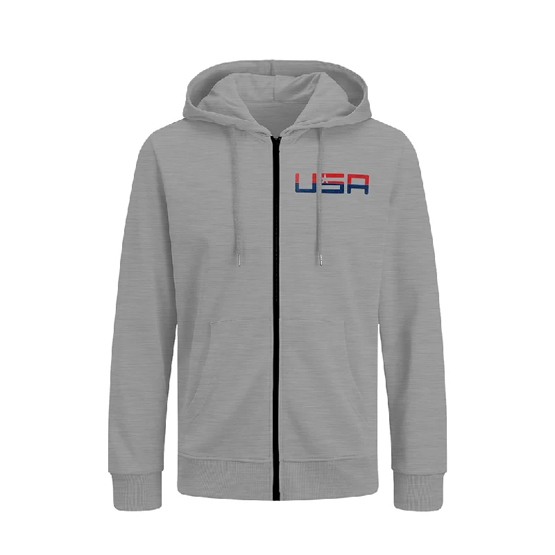 Football Hoodie-Retro USA Grey Embroidery Valuetainment Performance Full Zip Hoodie