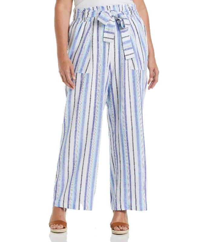 Hiking Pants-Plus Size Stripe Wide Leg Linen Blend Paper Bag Pant