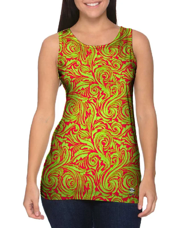 Stretch Tank-Autumn Me Pink Leaf Swirls Pattern