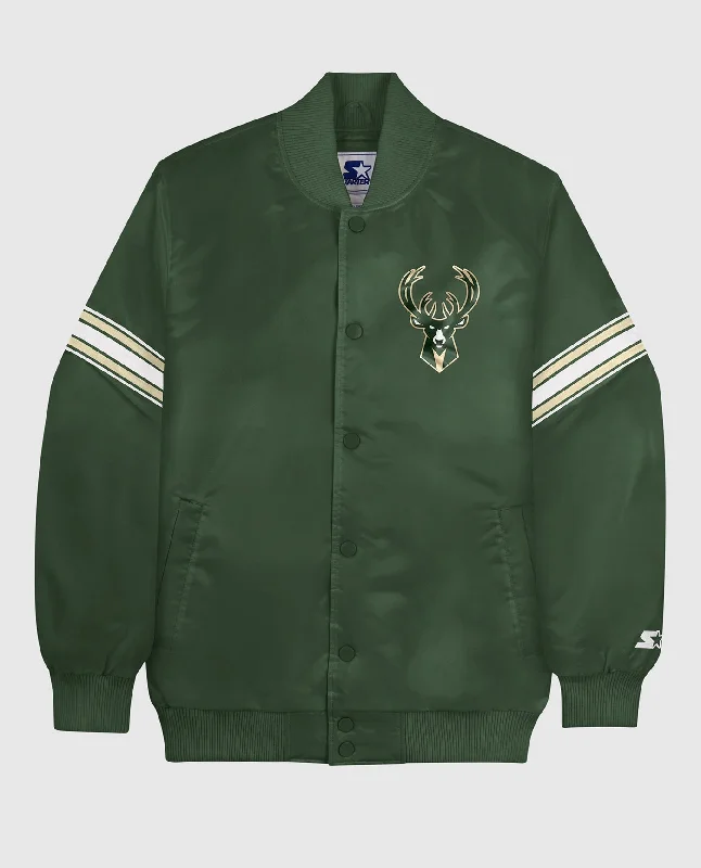 Rain Jacket-Milwaukee Bucks Varsity Satin Full-Snap Jacket