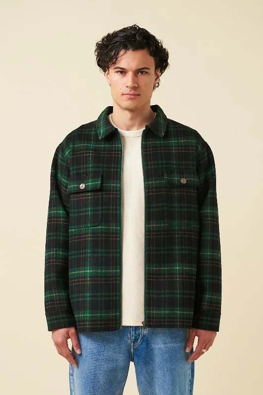 Zip-Up Jacket-BYRANT CHECK WOOL COAT  - GREEN / NAVY