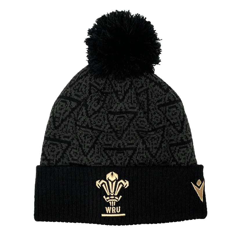 Pom Pom Beanie-Wales 24/25 Black Pom Pom Beanie by Macron