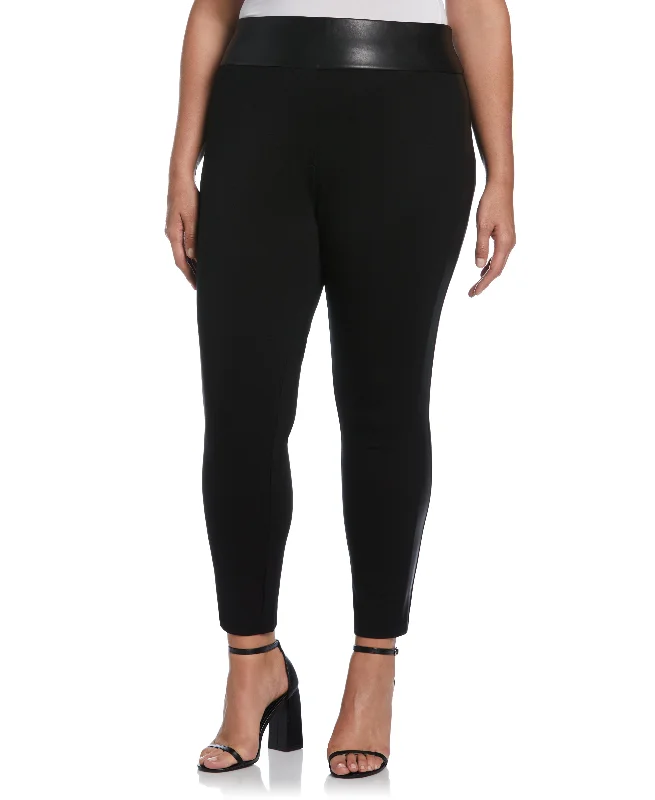 Fitness Pants-Plus Size Vegan Leather Trimmed Pull-On Pant