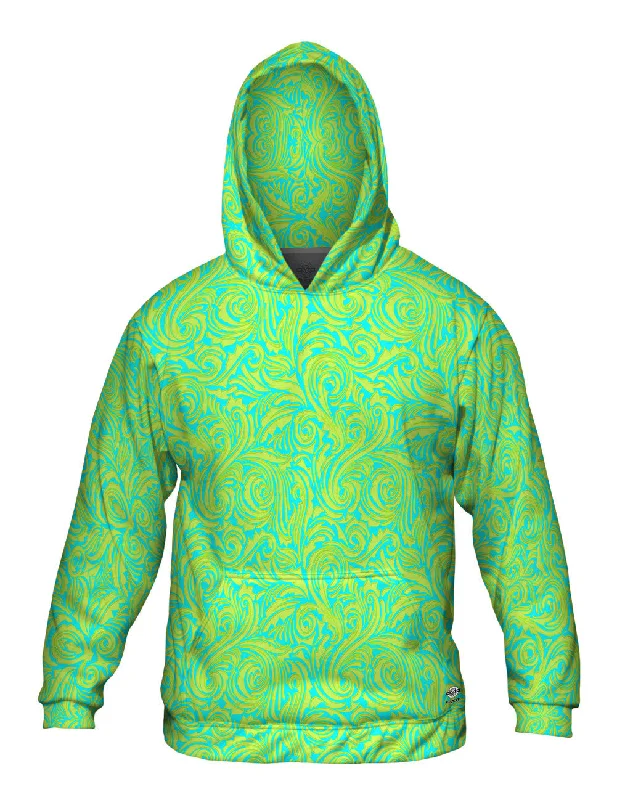 Embroidered Hoodie-Autumn Me Aqua Leaf Swirls Pattern