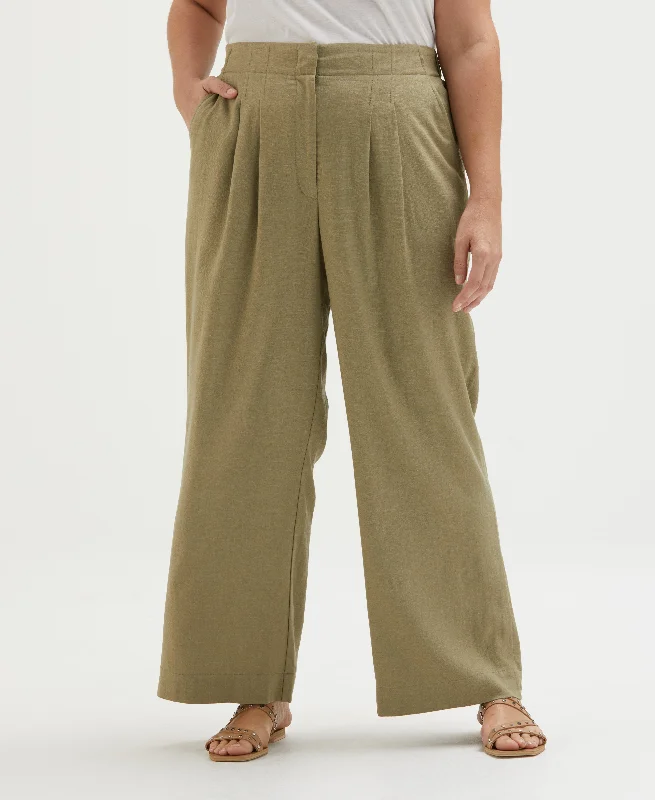 Striped Pants-Plus Size Linen Blend Pleated Wide Leg Pant